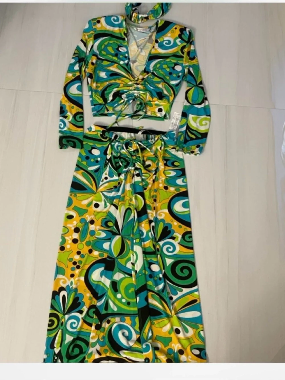 Zara Green, Yellow & Turquoise Abstract High-Low Dress